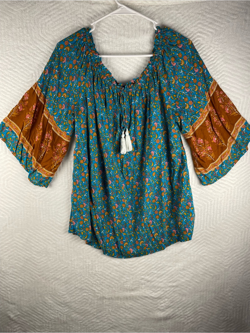 Bohemian Teal Floral Peasant Blouse with Rust Sleeve Panels